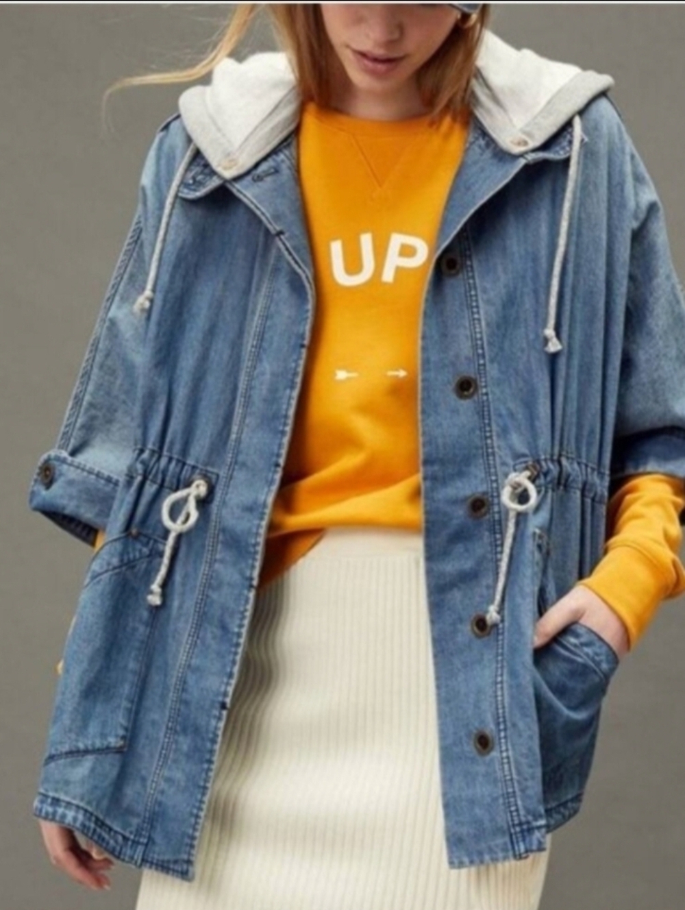 Anthropologie Pilcro Button Front Removable Hood Denim Kimono Jacket | Size M/L